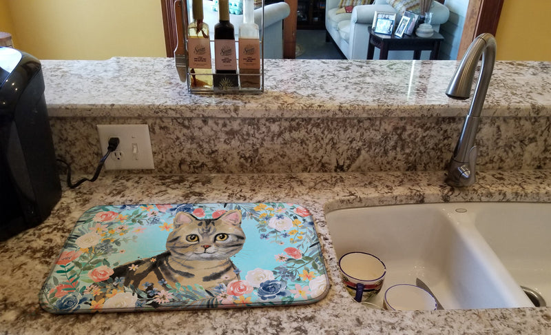 American Shorthair Brown Tabby Spring Flowers Dish Drying Mat – Absorbent, Artistic Kitchen Essentials CK3387DDM