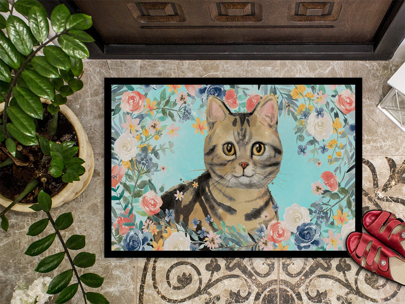 American Shorthair Brown Tabby Spring Flowers Doormat - 24x36 Decorative Floor Mat – Indoor/Outdoor Rug with Artistic Flair CK3387JMAT