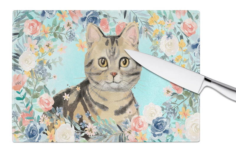 American Shorthair Brown Tabby Spring Flowers Glass Cutting Boards – Durable, Decorative Kitchen Art Large CK3387LCB