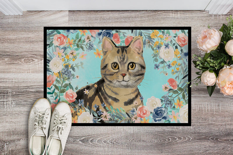 American Shorthair Brown Tabby Spring Flowers Doormat - 18x27 Decorative Floor Mat – Indoor/Outdoor Rug with Artistic Flair CK3387MAT
