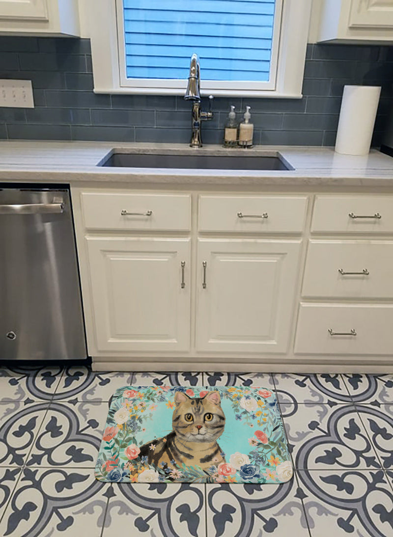 American Shorthair Brown Tabby Spring Flowers Machine Washable Memory Foam Mat CK3387RUG