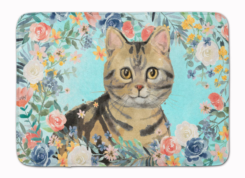 American Shorthair Brown Tabby Spring Flowers Machine Washable Memory Foam Mat CK3387RUG