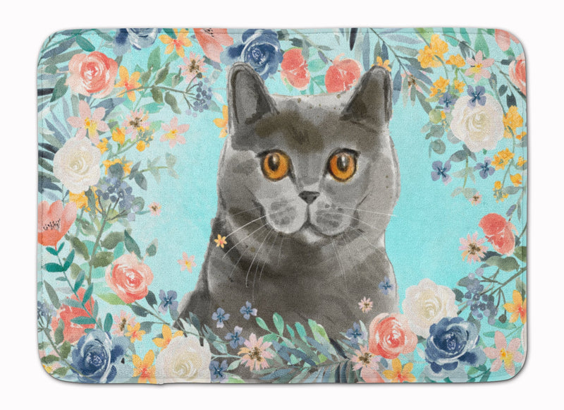 British Shorthair Spring Flowers Machine Washable Memory Foam Mat CK3392RUG