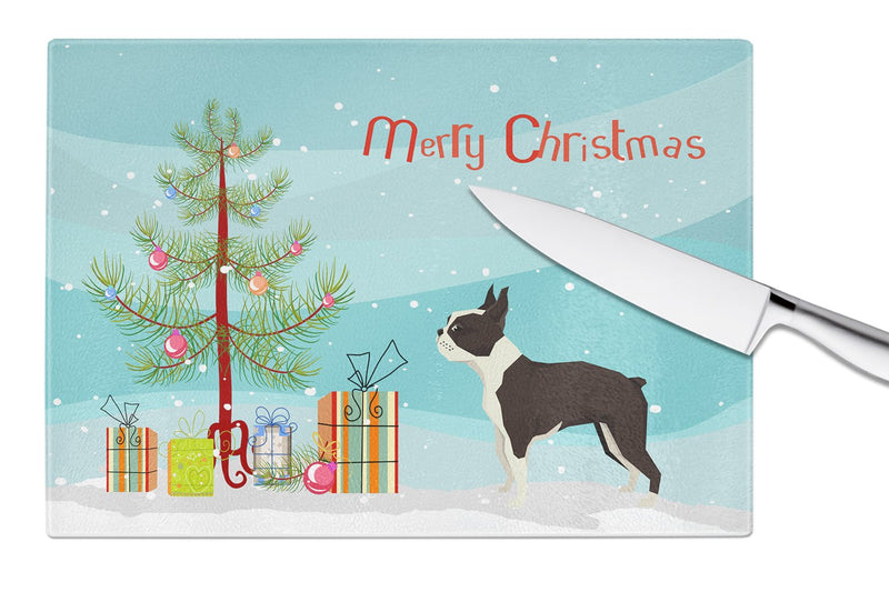 Boston Terrier Christmas Tree Glass Cutting Boards – Durable, Decorative Kitchen Art Large CK3525LCB