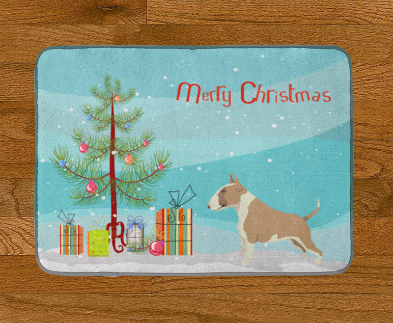 Fawn and White Bull Terrier Christmas Tree Machine Washable Memory Foam Mat CK3528RUG