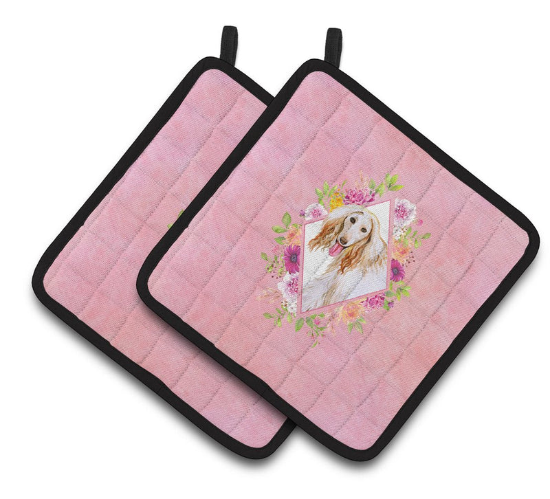 Afghan Hound Pink Flowers Pair of Pot Holders CK4110PTHD