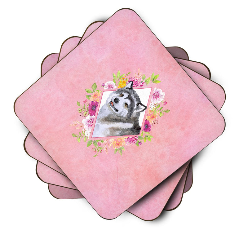 Alaskan Malamute Pink Flowers Coasters - Set of 4 Lightweight Foam, Absorbent Drink Coasters  CK4112FC