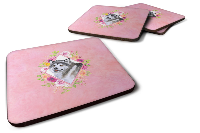 Alaskan Malamute Pink Flowers Coasters - Set of 4 Lightweight Foam, Absorbent Drink Coasters  CK4112FC