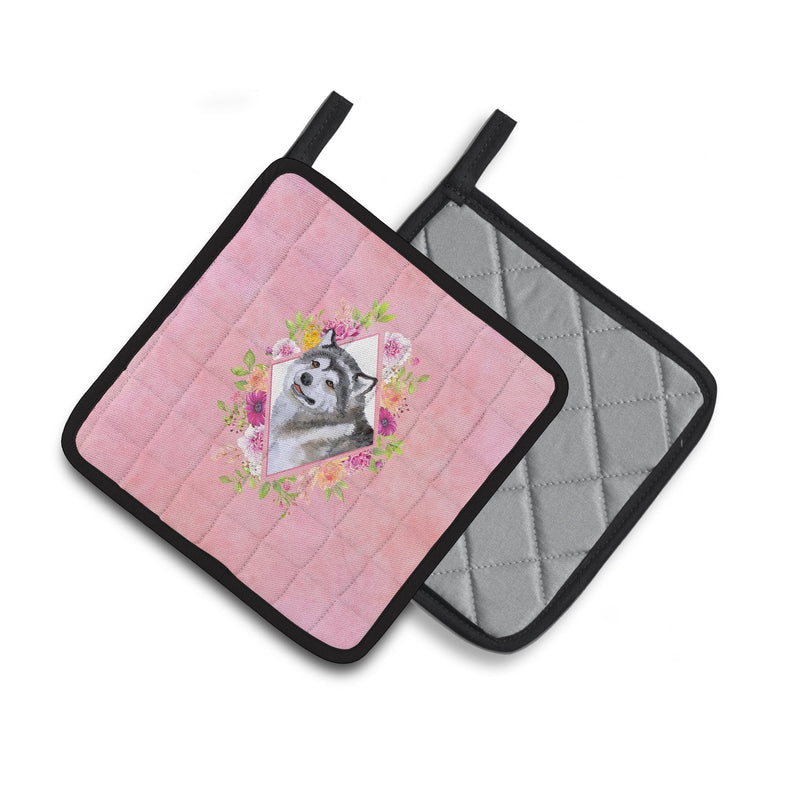 Alaskan Malamute Pink Flowers Pair of Pot Holders CK4112PTHD