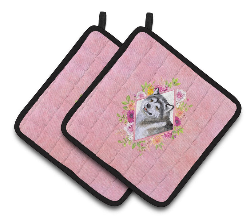 Alaskan Malamute Pink Flowers Pair of Pot Holders CK4112PTHD