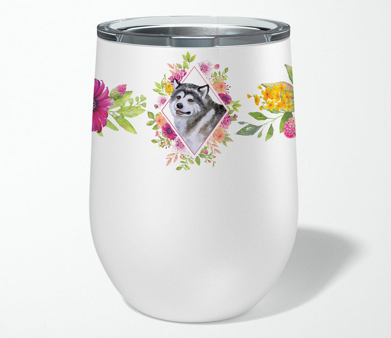 Alaskan Malamute Pink Flowers Stainless Steel 12 oz Stemless Wine Glass CK4112TBL12