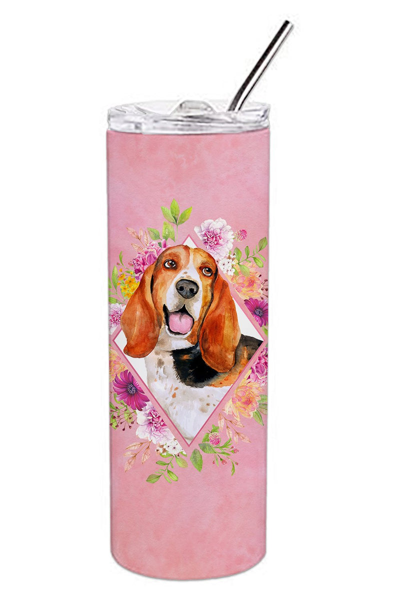 Basset Hound Pink Flowers Double Walled Stainless Steel 20 oz Skinny Tumbler CK4116TBL20