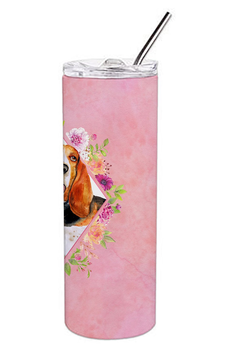 Basset Hound Pink Flowers Double Walled Stainless Steel 20 oz Skinny Tumbler CK4116TBL20