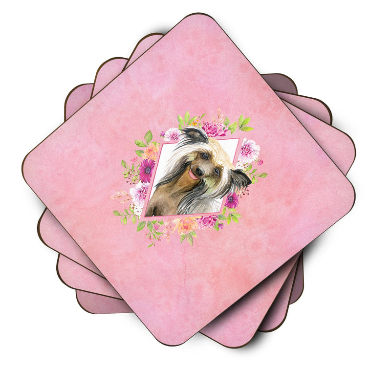 Chinese Crested Pink Flowers Coasters - Set of 4 Lightweight Foam, Absorbent Drink Coasters  CK4130FC