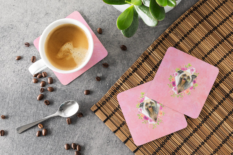 Chinese Crested Pink Flowers Coasters - Set of 4 Lightweight Foam, Absorbent Drink Coasters  CK4130FC