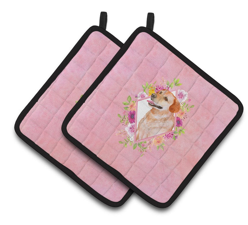 Yellow Labrador Retriever Pink Flowers Pair of Pot Holders CK4158PTHD