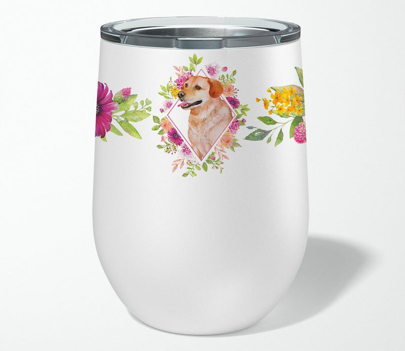 Yellow Labrador Retriever Pink Flowers Stainless Steel 12 oz Stemless Wine Glass CK4158TBL12