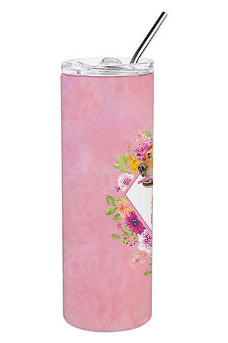 Yellow Labrador Retriever Pink Flowers Double Walled Stainless Steel 20 oz Skinny Tumbler CK4158TBL20