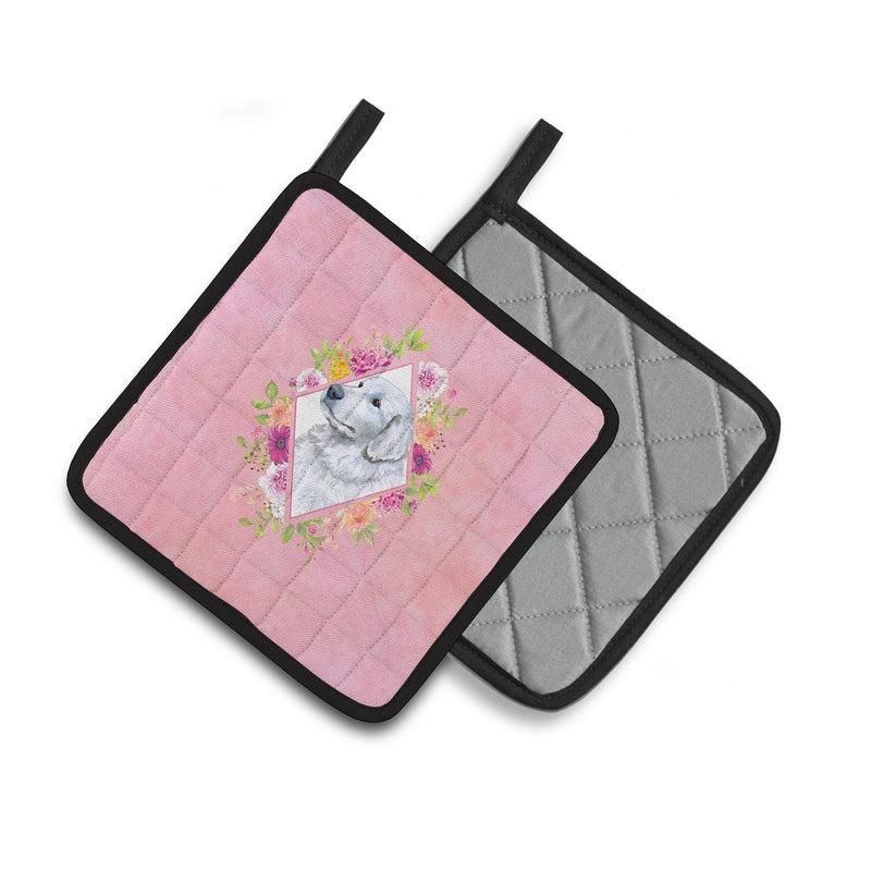 Great Pyrenees Pink Flowers Pair of Pot Holders CK4160PTHD