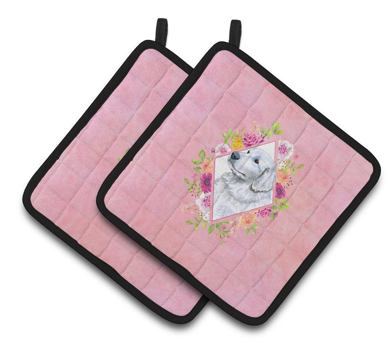 Great Pyrenees Pink Flowers Pair of Pot Holders CK4160PTHD