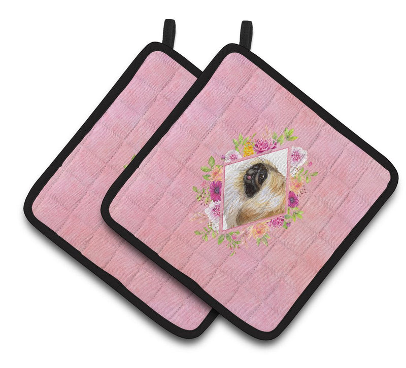 Pekingese Pink Flowers Pair of Pot Holders CK4166PTHD