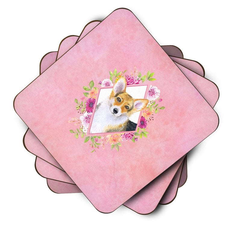 Corgi Pink Flowers Coasters - Set of 4 Lightweight Foam, Absorbent Drink Coasters  CK4167FC