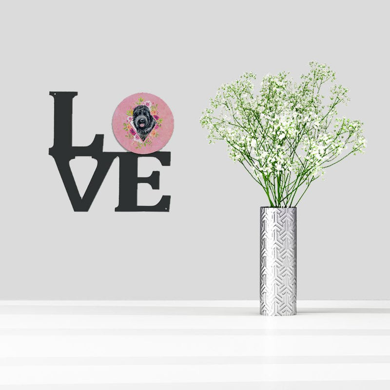 Russian Black Terrier Pink Flowers Decorative Wall Art – Artist-Designed Metal Print for Home or Office CK4176WALV