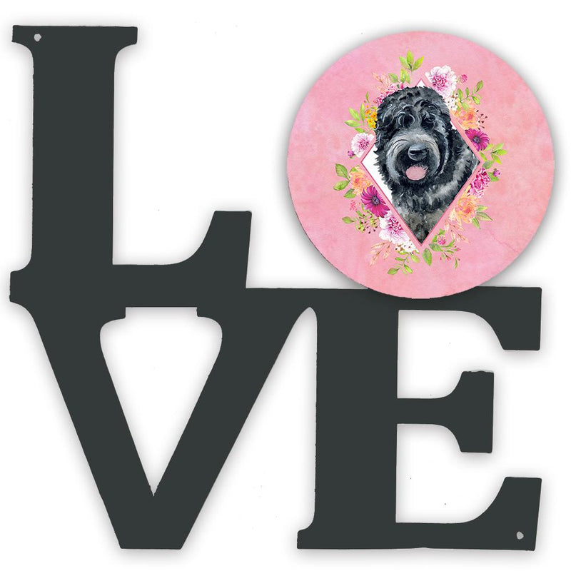 Russian Black Terrier Pink Flowers Decorative Wall Art – Artist-Designed Metal Print for Home or Office CK4176WALV
