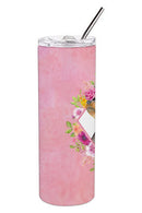 Black Miniature Pinscher Pink Flowers Double Walled Stainless Steel 20 oz Skinny Tumbler CK4196TBL20