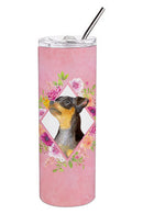 Black Miniature Pinscher Pink Flowers Double Walled Stainless Steel 20 oz Skinny Tumbler CK4196TBL20