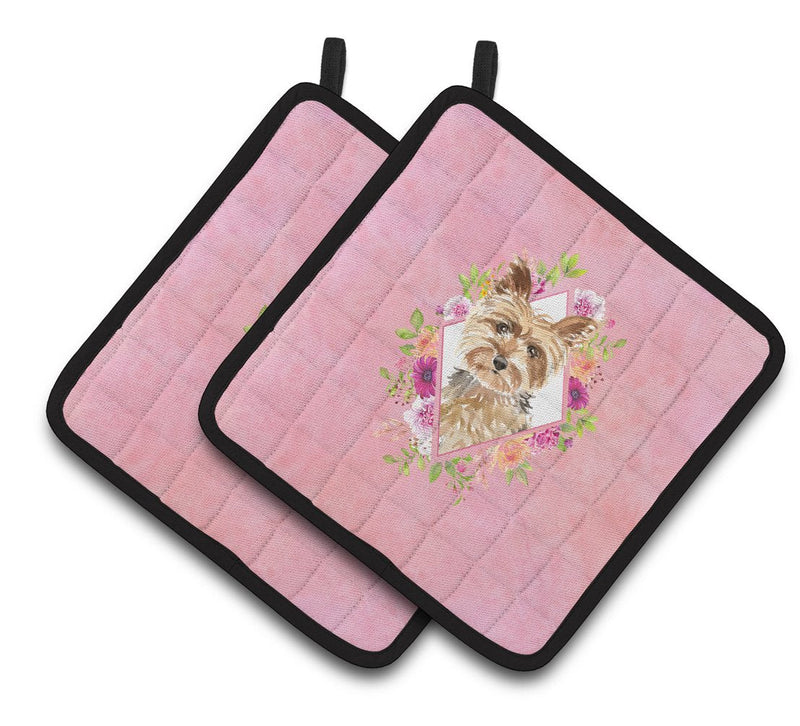 Yorkie Pink Flowers Pair of Pot Holders CK4197PTHD