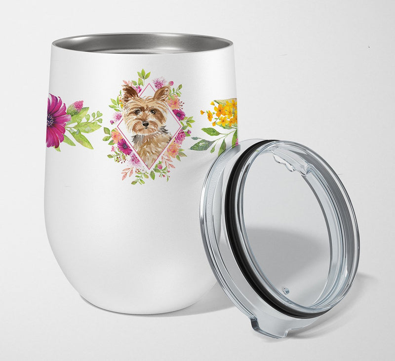 Yorkie Pink Flowers Stainless Steel 12 oz Stemless Wine Glass CK4197TBL12