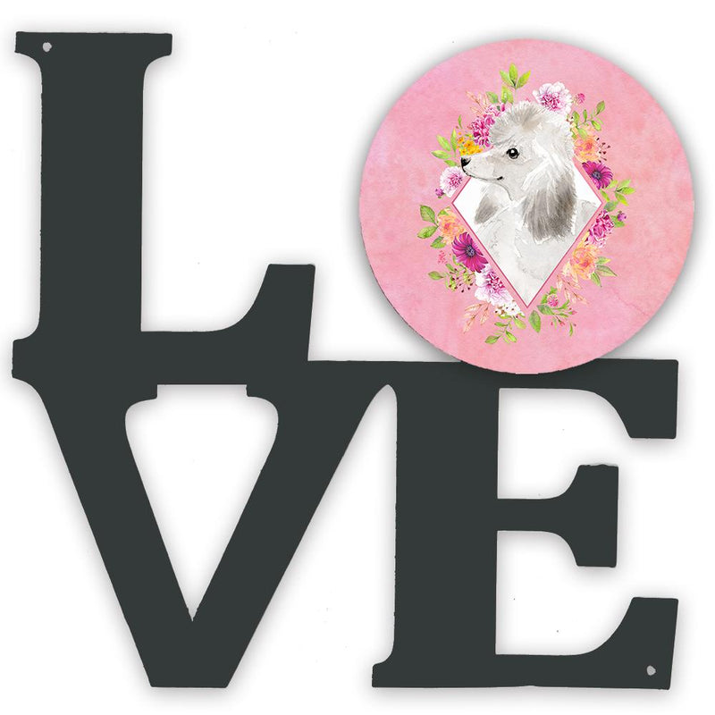 White Standard Poodle Pink Flowers Metal Wall Artwork LOVE CK4200WALV