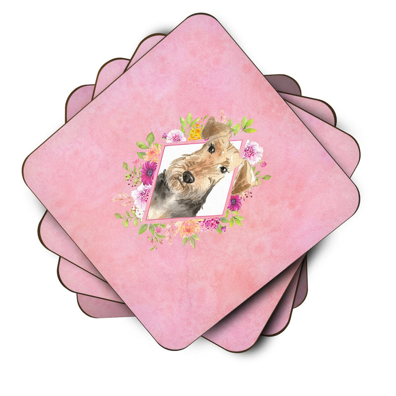 Airedale Terrier Pink Flowers Coasters - Set of 4 Lightweight Foam, Absorbent Drink Coasters  CK4204FC
