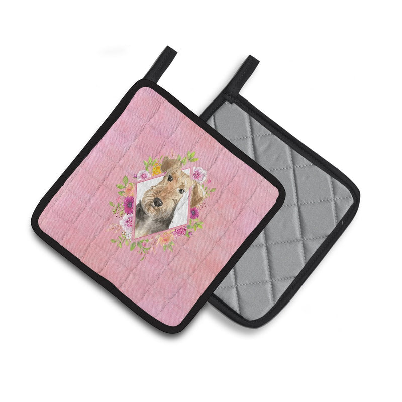 Airedale Terrier Pink Flowers Pair of Pot Holders CK4204PTHD