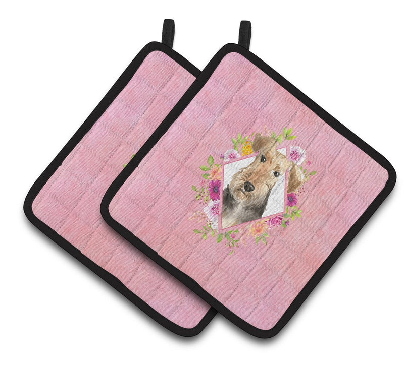 Airedale Terrier Pink Flowers Pair of Pot Holders CK4204PTHD