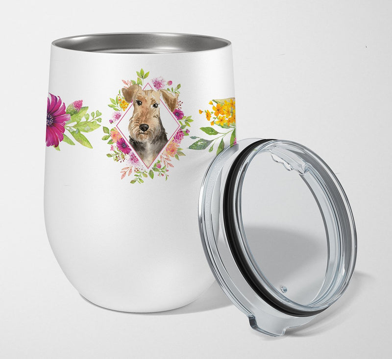 Airedale Terrier Pink Flowers Stainless Steel 12 oz Stemless Wine Glass CK4204TBL12