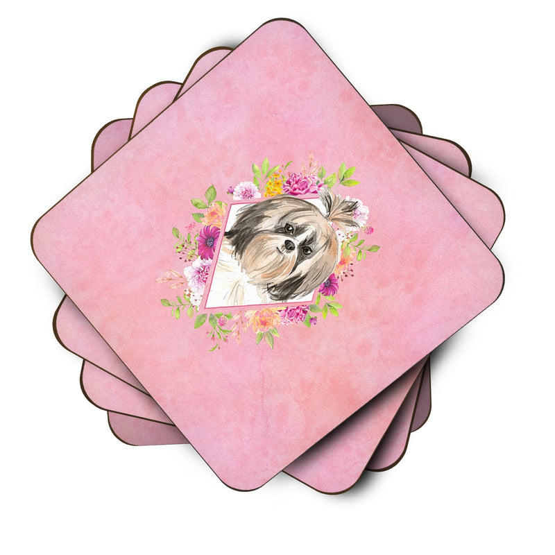 Shih Tzu Pink Flowers Coasters - Set of 4 Lightweight Foam, Absorbent Drink Coasters  CK4212FC