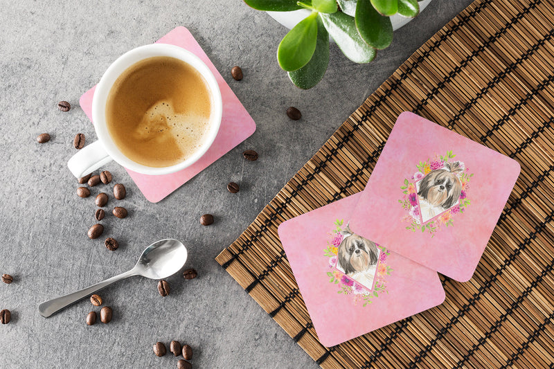 Shih Tzu Pink Flowers Coasters - Set of 4 Lightweight Foam, Absorbent Drink Coasters  CK4212FC