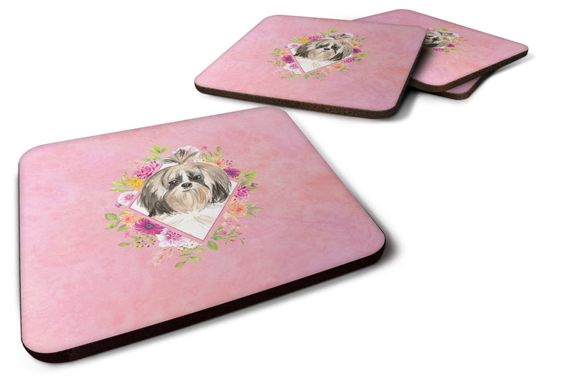 Shih Tzu Pink Flowers Coasters - Set of 4 Lightweight Foam, Absorbent Drink Coasters  CK4212FC