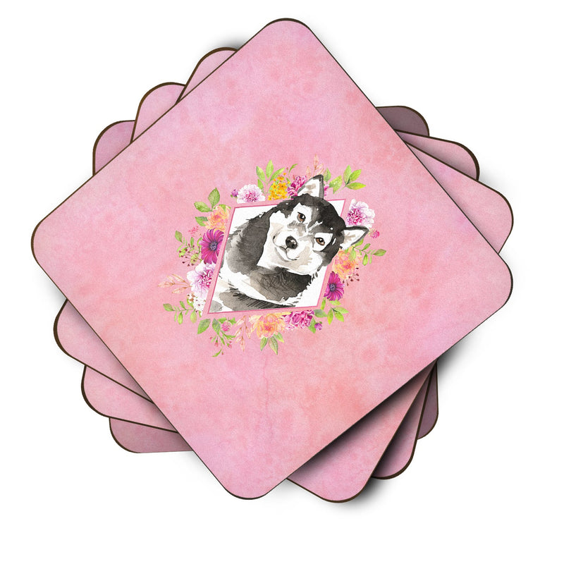 Alaskan Malamute Pink Flowers Coasters - Set of 4 Lightweight Foam, Absorbent Drink Coasters  CK4224FC