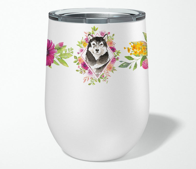 Alaskan Malamute Pink Flowers Stainless Steel 12 oz Stemless Wine Glass CK4224TBL12