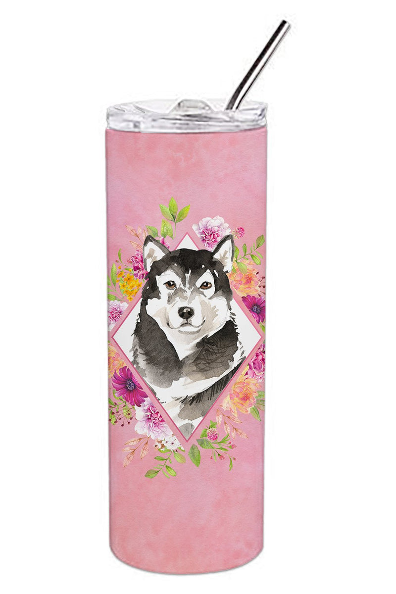Alaskan Malamute Pink Flowers Double Walled Stainless Steel 20 oz Skinny Tumbler CK4224TBL20