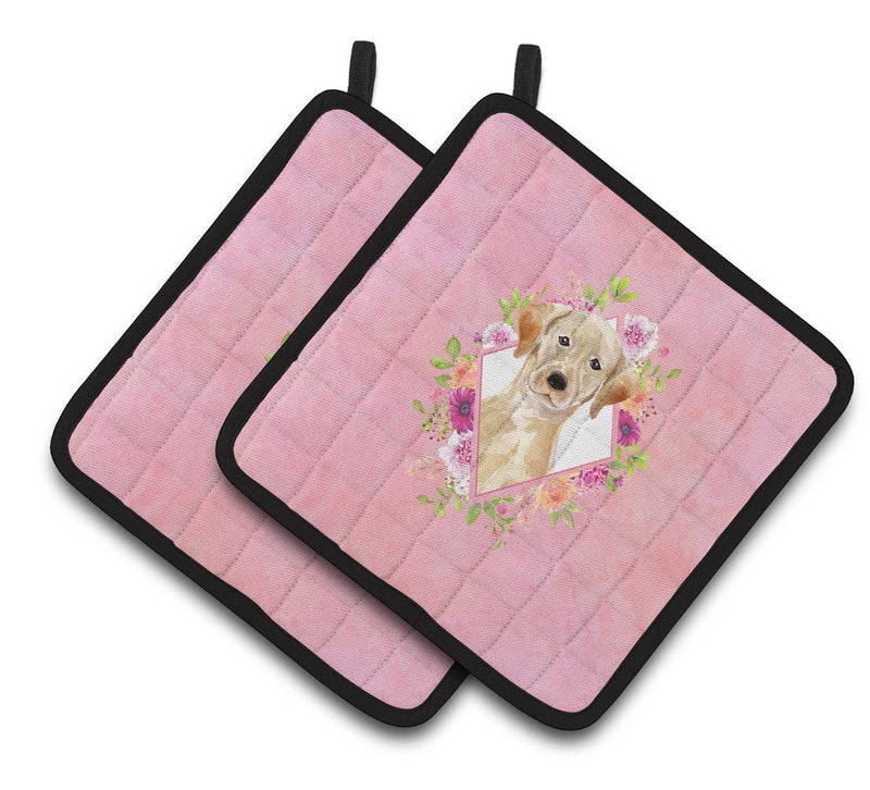 Yellow Lab Pink Flowers Pair of Pot Holders CK4227PTHD