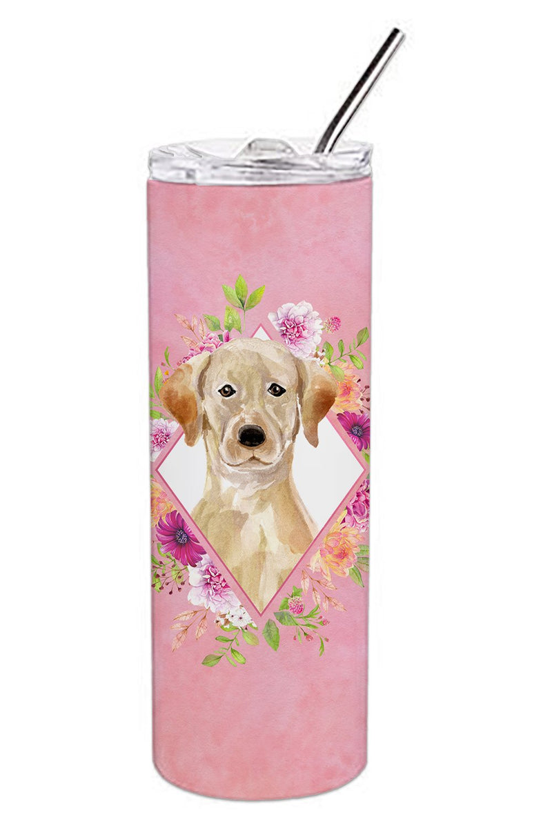 Yellow Lab Pink Flowers Double Walled Stainless Steel 20 oz Skinny Tumbler CK4227TBL20