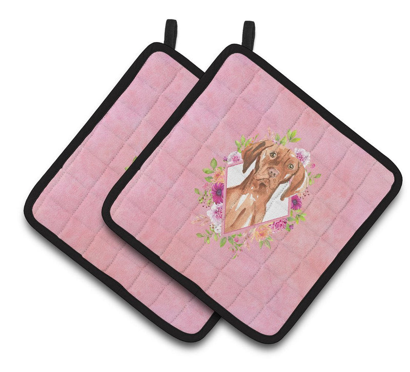 Vizsla Pink Flowers Pair of Pot Holders CK4232PTHD