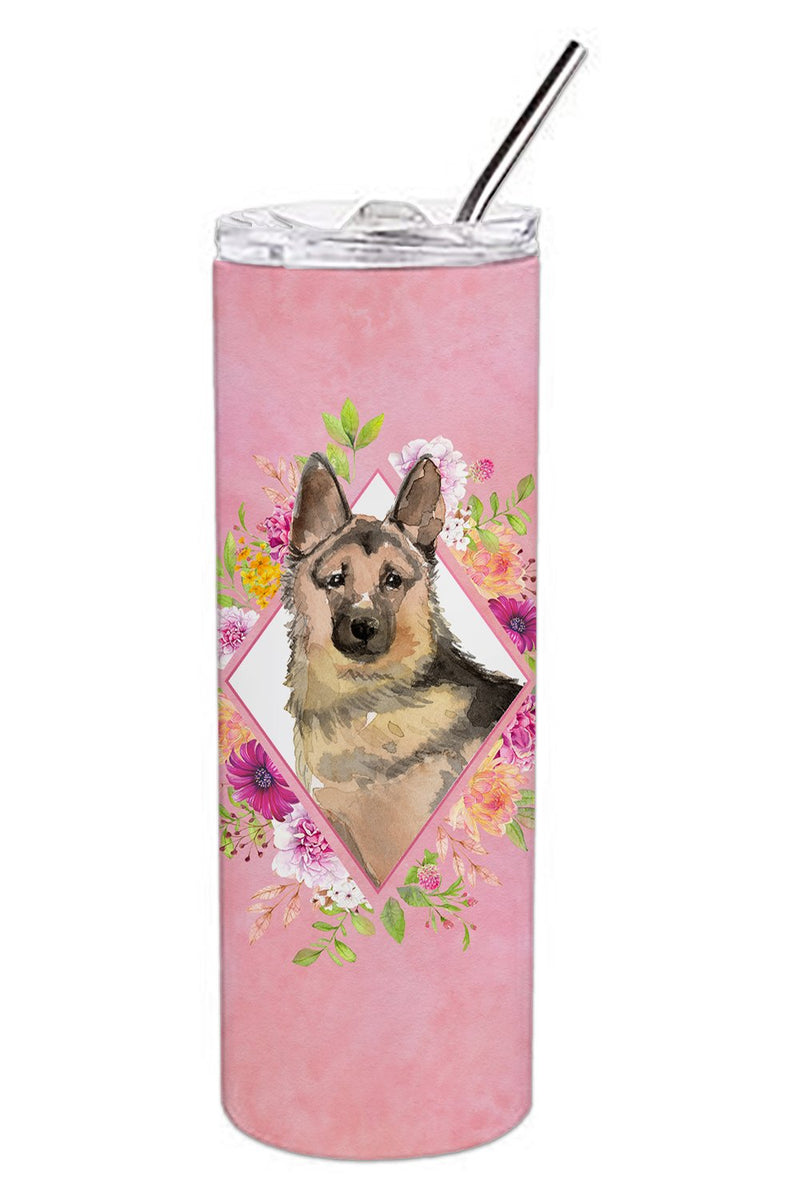 German Shepherd Pink Flowers Double Walled Stainless Steel 20 oz Skinny Tumbler CK4237TBL20