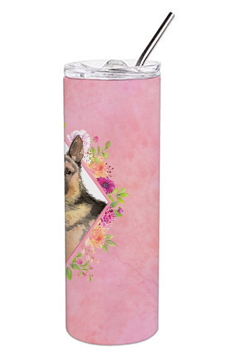 German Shepherd Pink Flowers Double Walled Stainless Steel 20 oz Skinny Tumbler CK4237TBL20