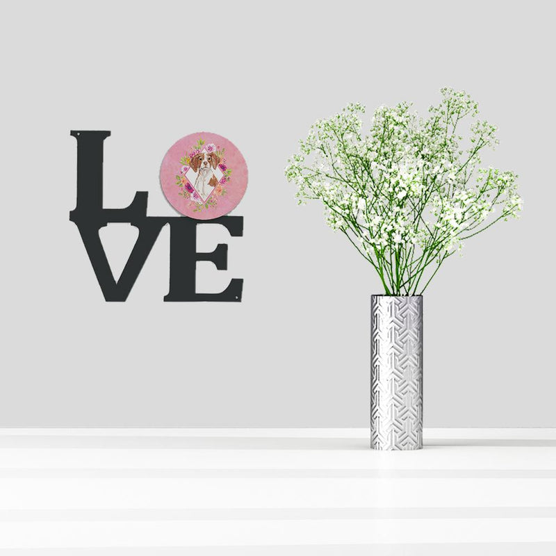 Brittany Spaniel Pink Flowers Decorative Wall Art – Artist-Designed Metal Print for Home or Office CK4254WALV