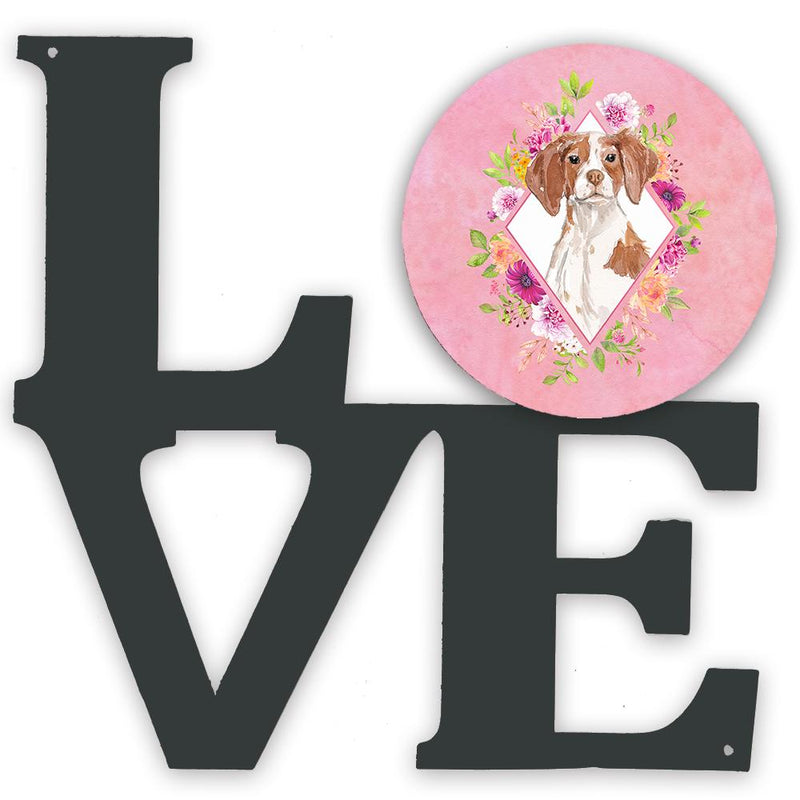 Brittany Spaniel Pink Flowers Decorative Wall Art – Artist-Designed Metal Print for Home or Office CK4254WALV